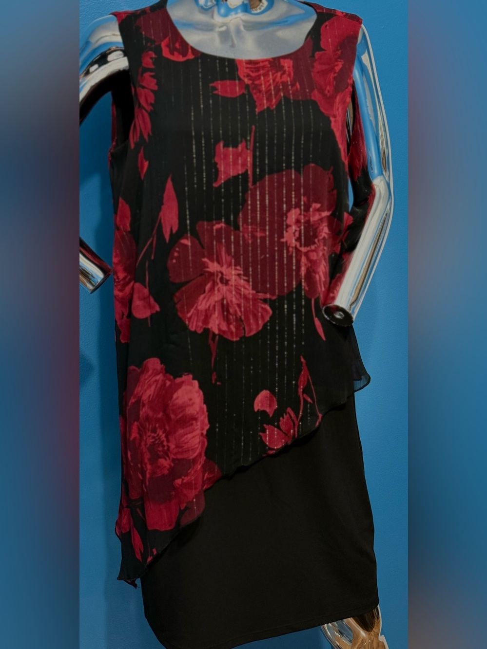 Enfocus Studio Black Sleeveless Dress with Red Floral and Metallic Overlay 14